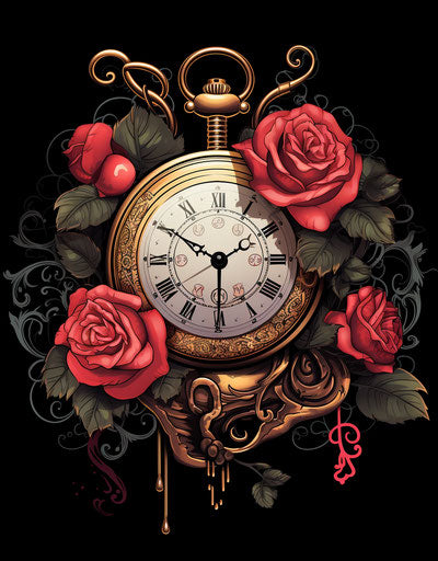 Vintage pocket watch with roses, monochromatic graphic style