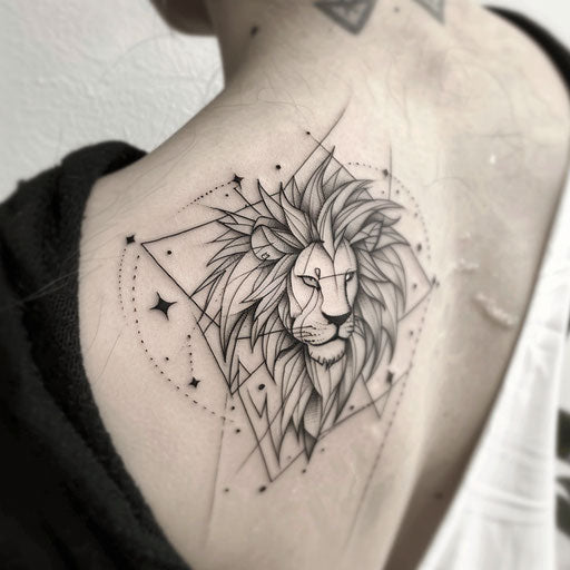 Bold and graphic Leo constellation tattoo in tribal style on white background