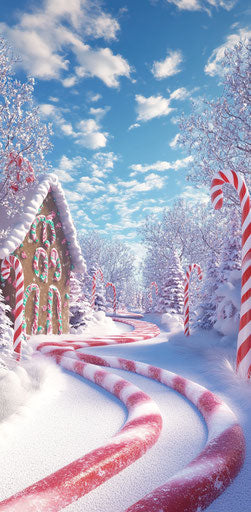 Whimsical candy cane road leading to enchanting gingerbread house