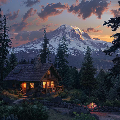 Log cabin in the woods at twilight with lights on