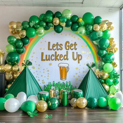 St. Patrick's Day decorations, rainbow arch backdrop, green tents and white glowsticks