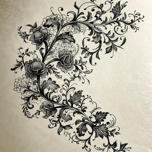 Botanical lace tattoo sketch with vines and leaves weaving