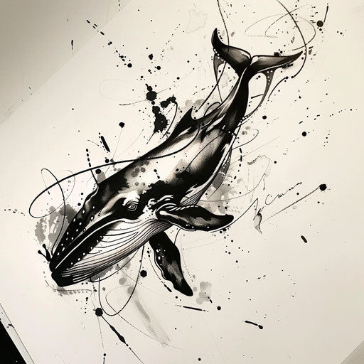 Contemporary sketch of a whale with abstract splatter and drip effects in black ink