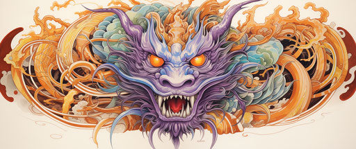 Chinese dragon with purple and yellow eyes, light orange and bronze