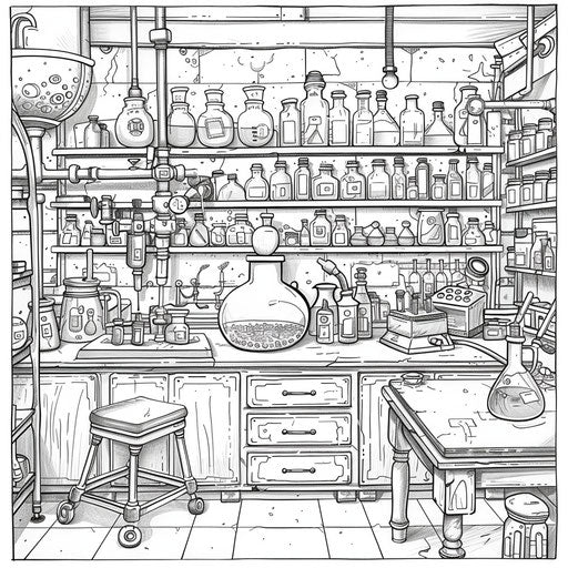 Chemistry lab in Teagan White style, coloring book page