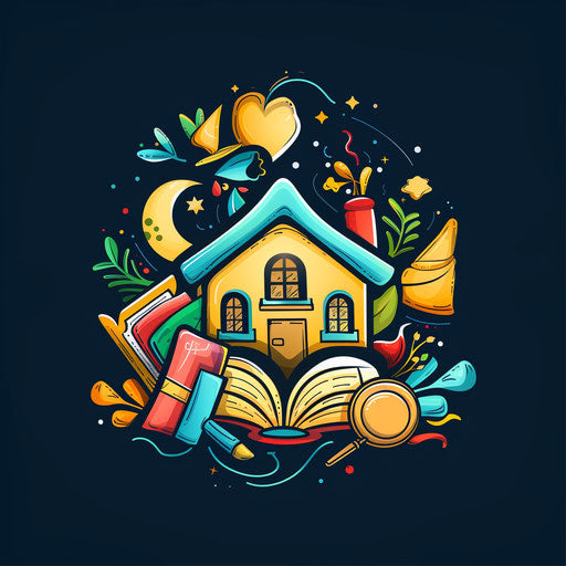 School-themed cartoon logo with educational elements and playful colors