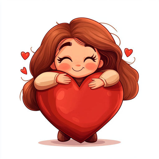Cute cartoon girl hugging heart, red and brown colors