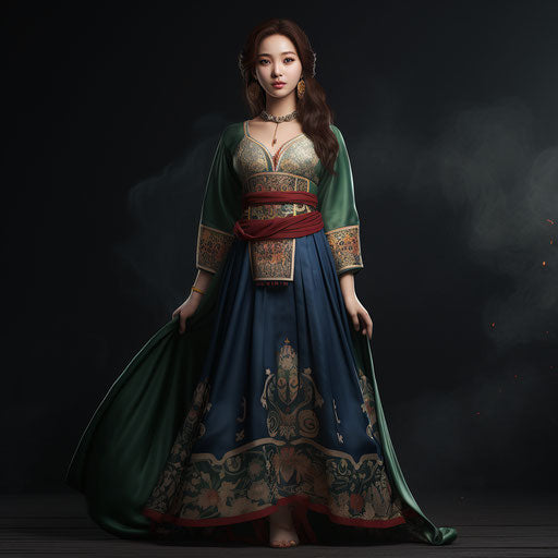 Young woman in embroidered green and blue dress, traditional-modern fusion