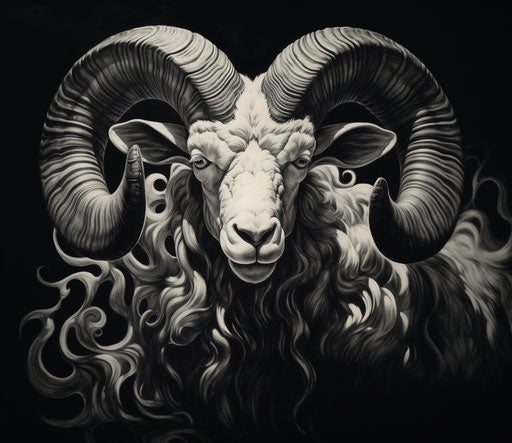 Black and white drawing of a ram, in the style of David Alfaro Siqueiros