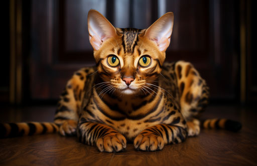 Bengal cat lounging on floor, distinct facial features, dark brown and gold, provia 17:11