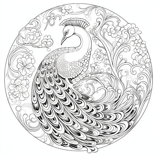 Peacock coloring for adults and kids, flowing textures style