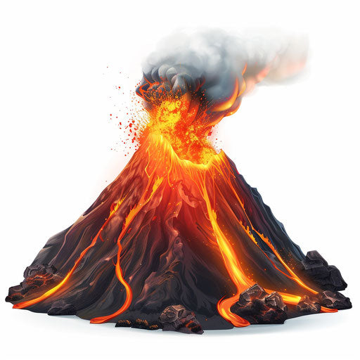 Realistic volcano clipart on flat white background, vibrant colors