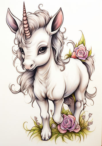 Coloring page of a baby unicorn with large ears