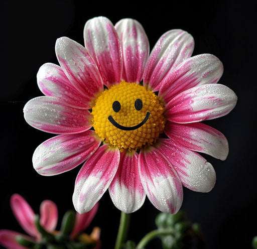Pink and white smiling flower, black background