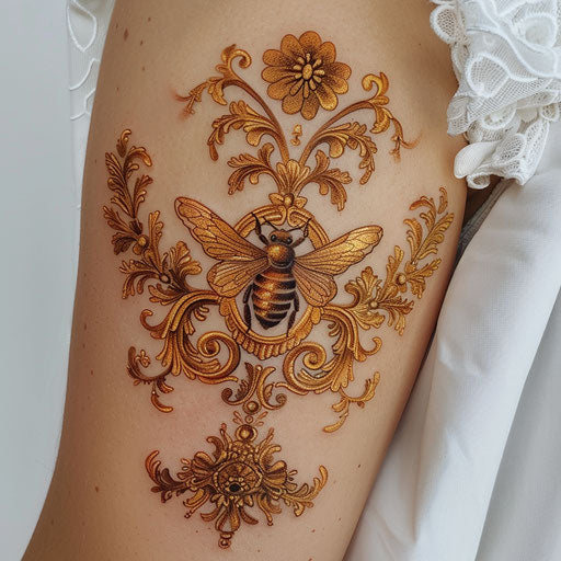 Baroque-inspired honey tattoo with ornate bees and floral motifs in rich golds on white background
