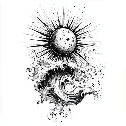 Inner elbow tattoo with celestial sunburst and wave