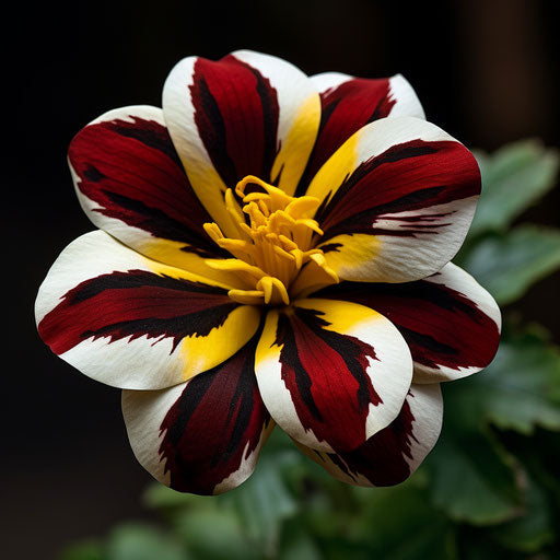 Yellow and brown striped flower with leaves, captivating