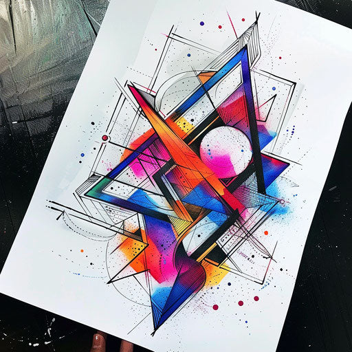Abstract geometric triangle tattoo drawing with vibrant colors
