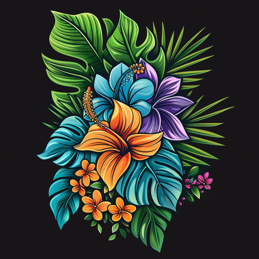 Bold and bright flat tattoo sketch of a tropical flower bouquet