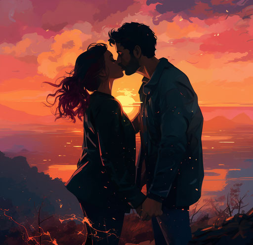 Couple kissing at sunset, dark pink and dark emerald