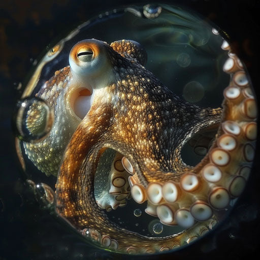 An octopus observing its reflection in a bubble, a moment of self-awareness beneath the waves.