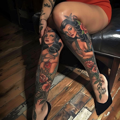 Classic pin-up girl leg tattoo in Ed Hardy style