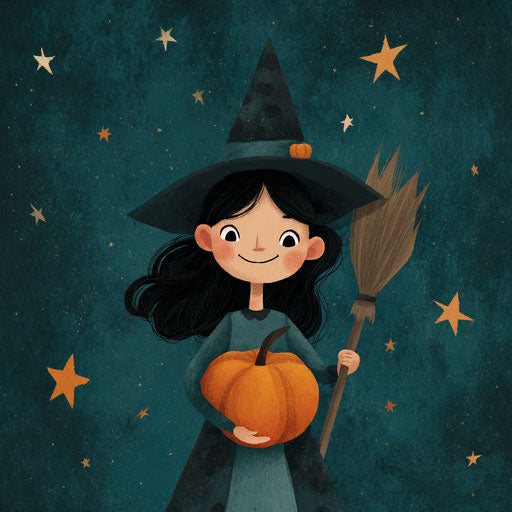 A cheerful cartoon witch with a pumpkin and broomstick