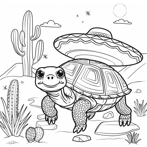 Desert turtle with sombrero, fun cartoon drawing
