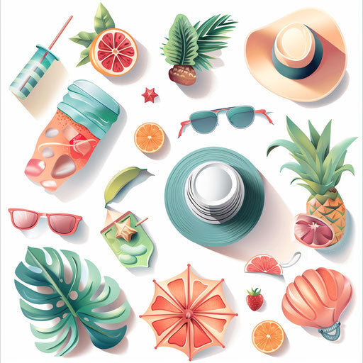 Summer season clipart on flat white background in realistic style
