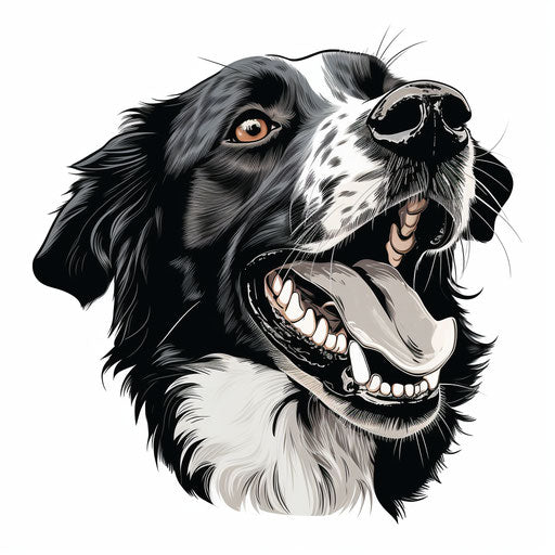 Black and white dog drawing with open mouth, icon style