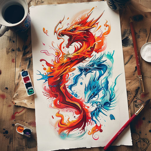 Surreal fire tattoo, flames transforming into fantastical creatures