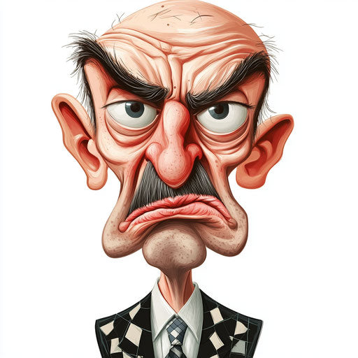 Humorous caricature of a hotel caricature clipart with human characteristics, exaggerated thin lips, big feet, checkered, vibrant colors, cartoon style, frowning, high-resolution, no background, isolated