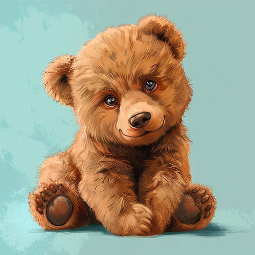 Cute bear illustration in photo realistic style with a flat random background, high contrast and saturated hues