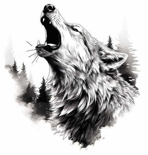 Howling wolf in black and white