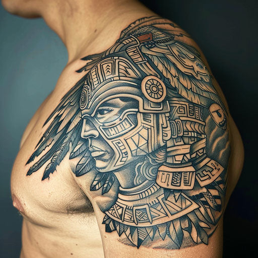 Tribal fusion of Aztec warrior tattoo, blending traditional tribal tattoo elements with Aztec designs, showcased on white.