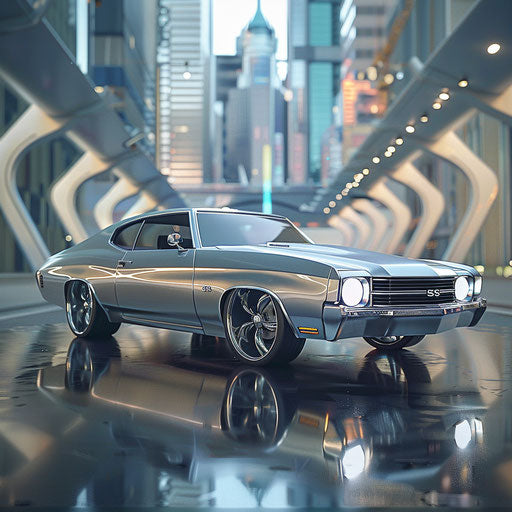 Electric silver Chevelle in front of futuristic architecture