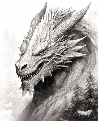 Black and white drawing of a dragon, detailed facial features