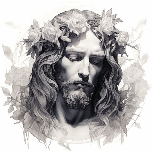 Jesus face surrounded by roses, black and white, detailed design