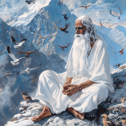 Mahawatar babaji meditating on Himalayas with birds around