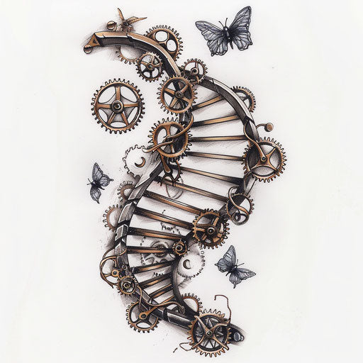 Steampunk DNA tattoo sketch with gears and bronze elements
