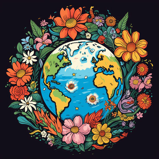 Earth with flowers on poster, tattoo-inspired, flat shading
