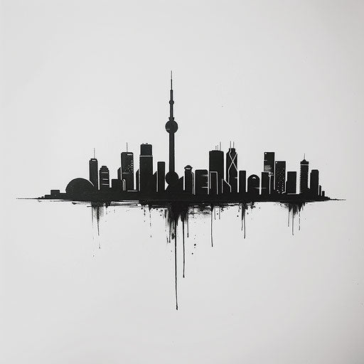 Flat tattoo sketch of a skyline silhouette drawn with one minimalist line