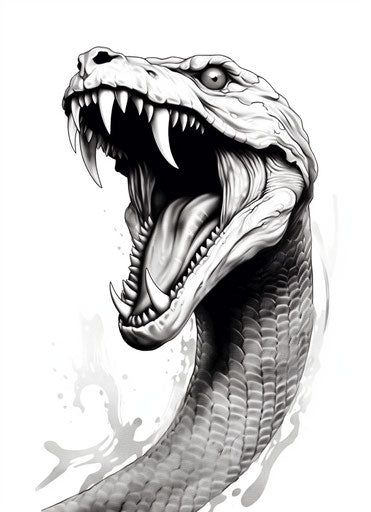 Snake style tattoo design with open mouth on white background