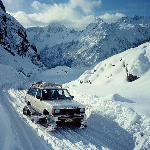 Range Rover modified for extreme snow in snowy mountain pass