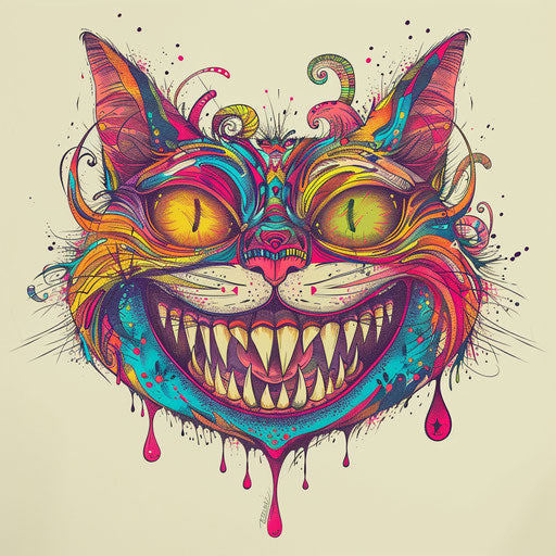 Surreal flat tattoo sketch of Cheshire Cat with wide smile