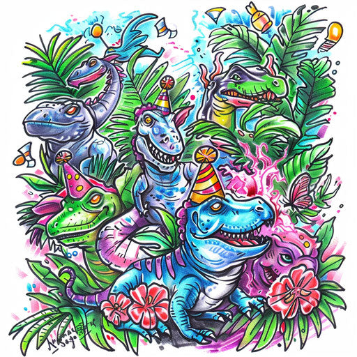 Playful tattoo sketch of a jungle scene with animals wearing party hats, clipart style