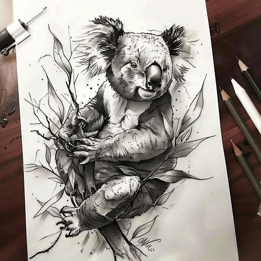 Dynamic flat tattoo sketch of a playful koala leaping in branches