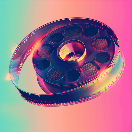 Movie reel clipart in photorealistic style with a flat random color background