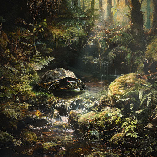 Wood turtle drinking from clear spring in idyllic forest