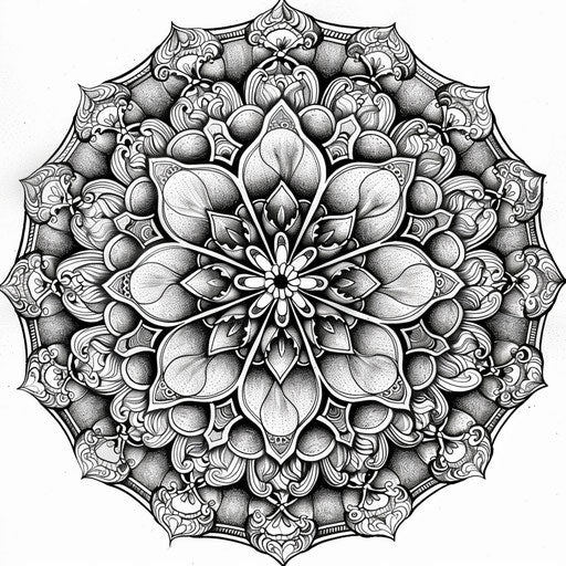 Detailed mandala with nature themes, coloring book page